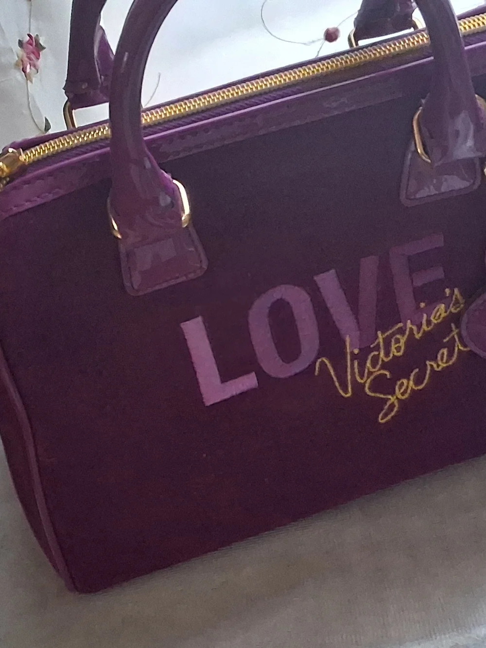 Victoria's Secret Purple Velvet Satchel with Glossy Handles